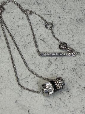 Michael Kors MK Black and Silvertone Rhinestone Barrel Necklace Dainty Layering